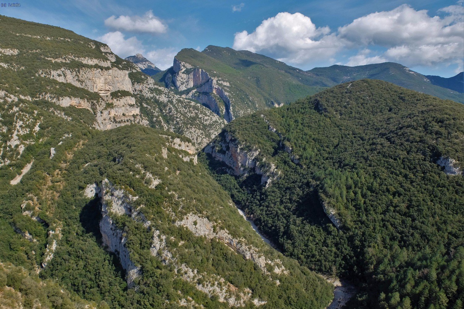 Riera de Llierca: a la dreta Cingles de la Manllada i al fons el Bessagoda i Cingles de Guitarriu