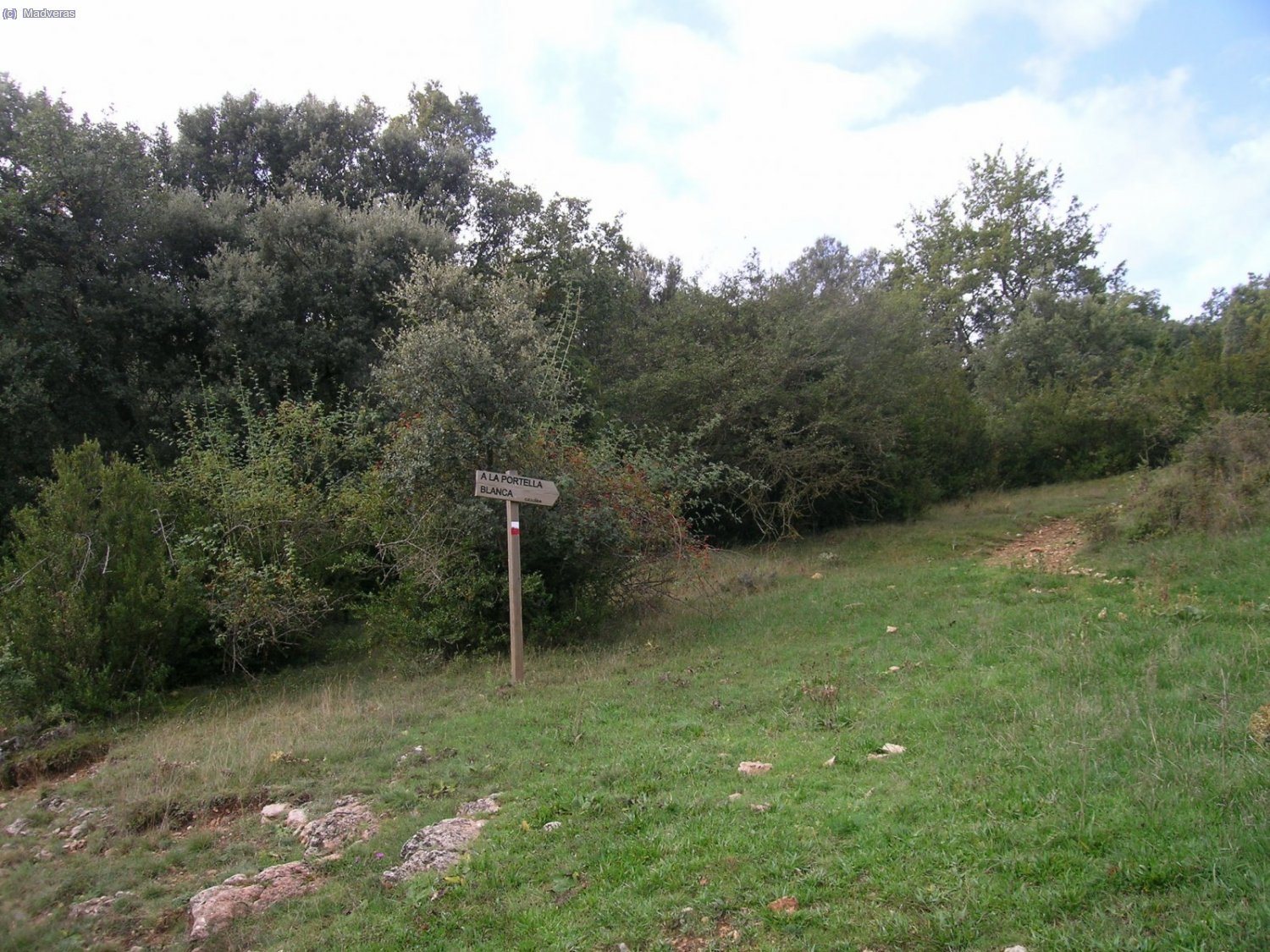 A poco de coger la pista, cogemos este desvio, tenemos que ir siguiendo el GR-1, direccion a la Portella Blanca