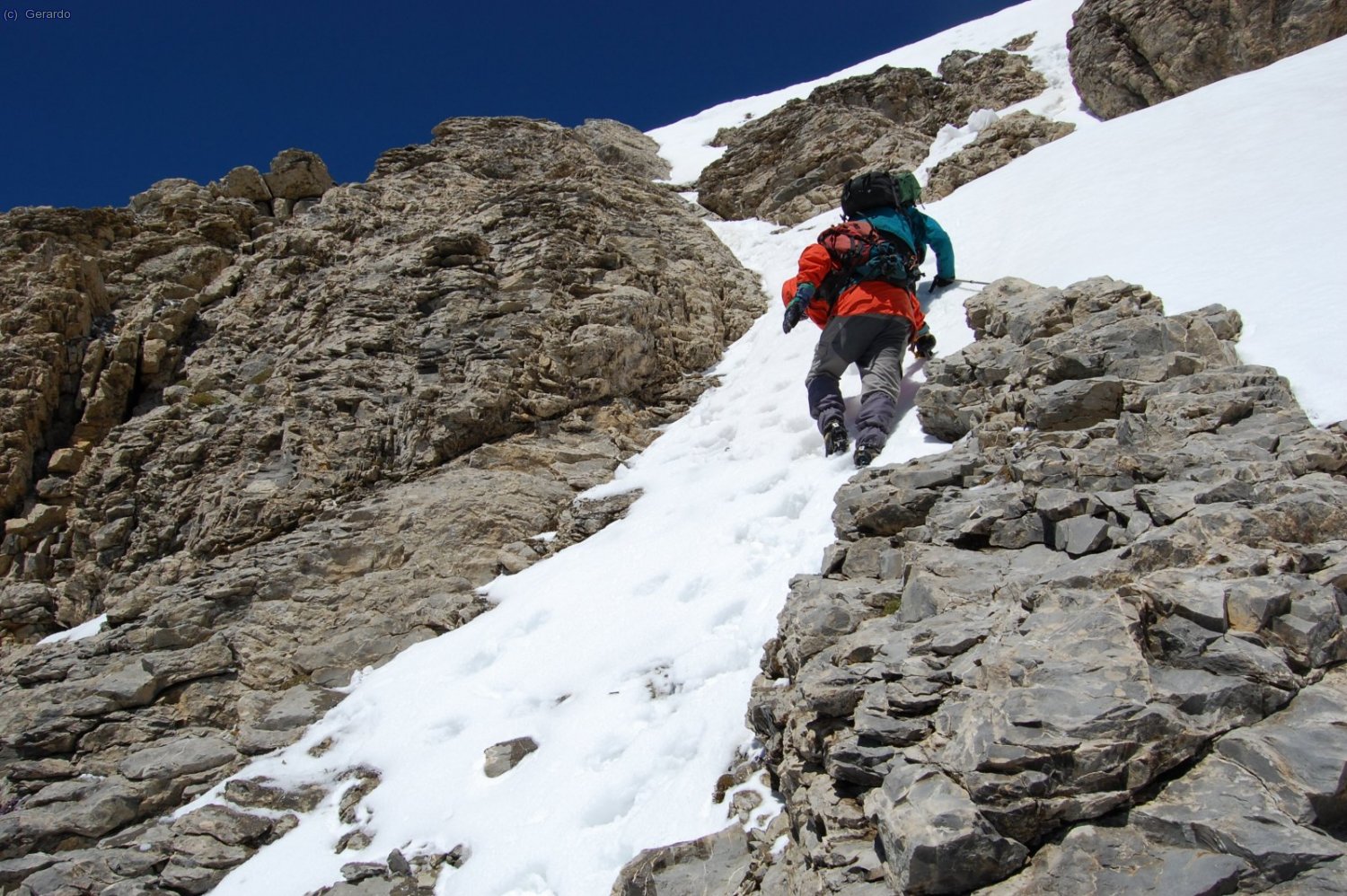 ...roca, nieve, crampones y piolo por si acaso...un terreno algo delicado.