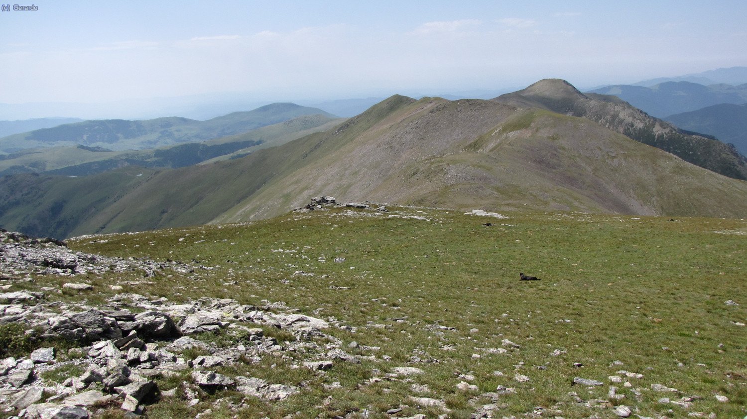 Hacia sudoeste la cadena que hemos recorrido desde el Fontlletera, la puntita casi en el centro, y a la derecha el Balandrau. Plom aparece tirado en la hierba, ha llegado casi arrastr&aacute;ndose...