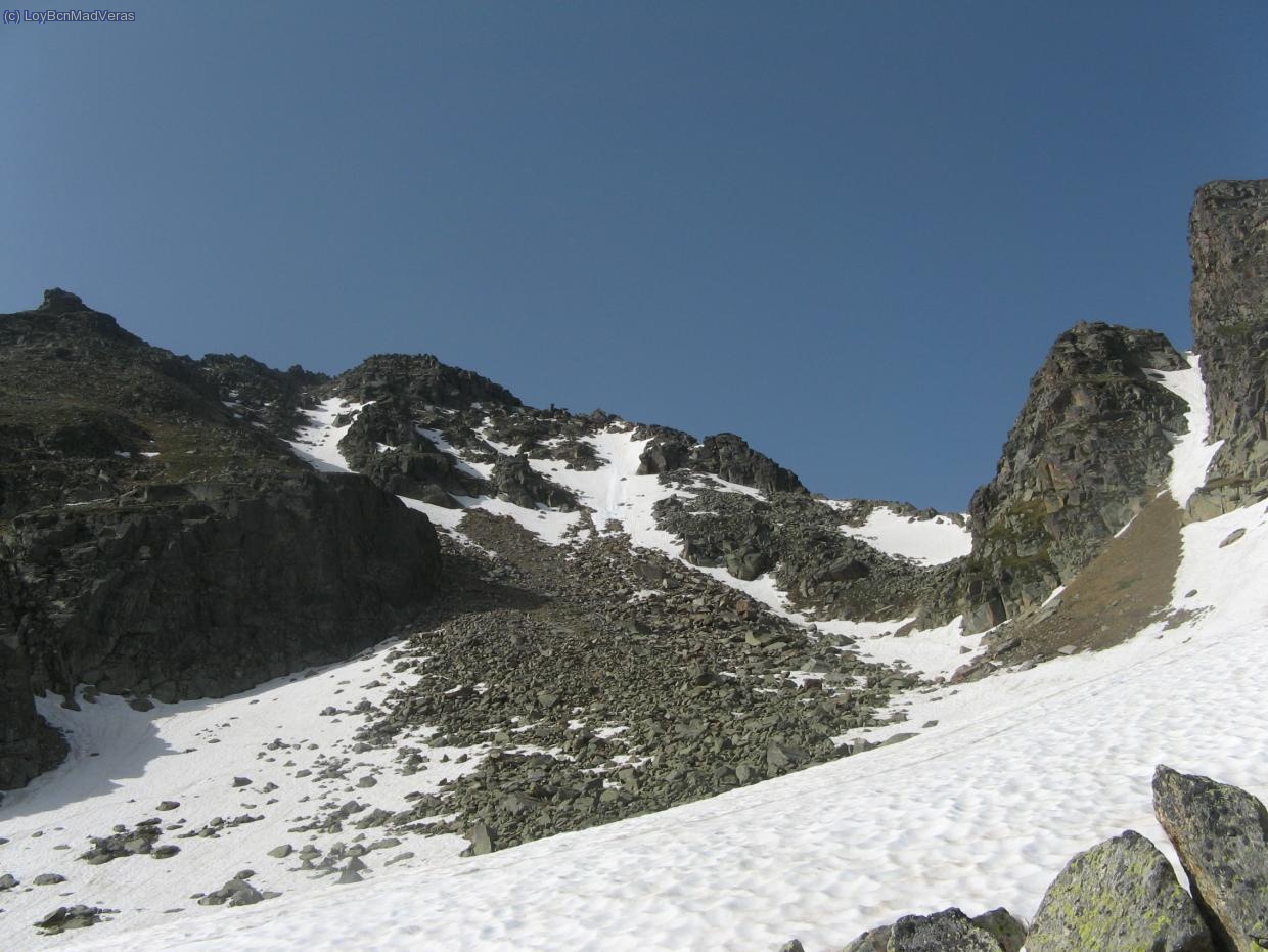 Pasada esa subida, giramos a la derecha y ya vemos el cono de acceso al Rulhe, subidmo por la pala/canal de la Izquerda