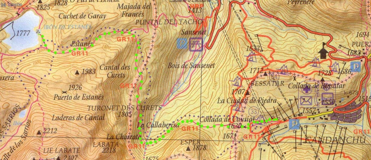 Mapa de la primera etapa entre Candanchu y el Ibon de Estanes donde acampamos.
