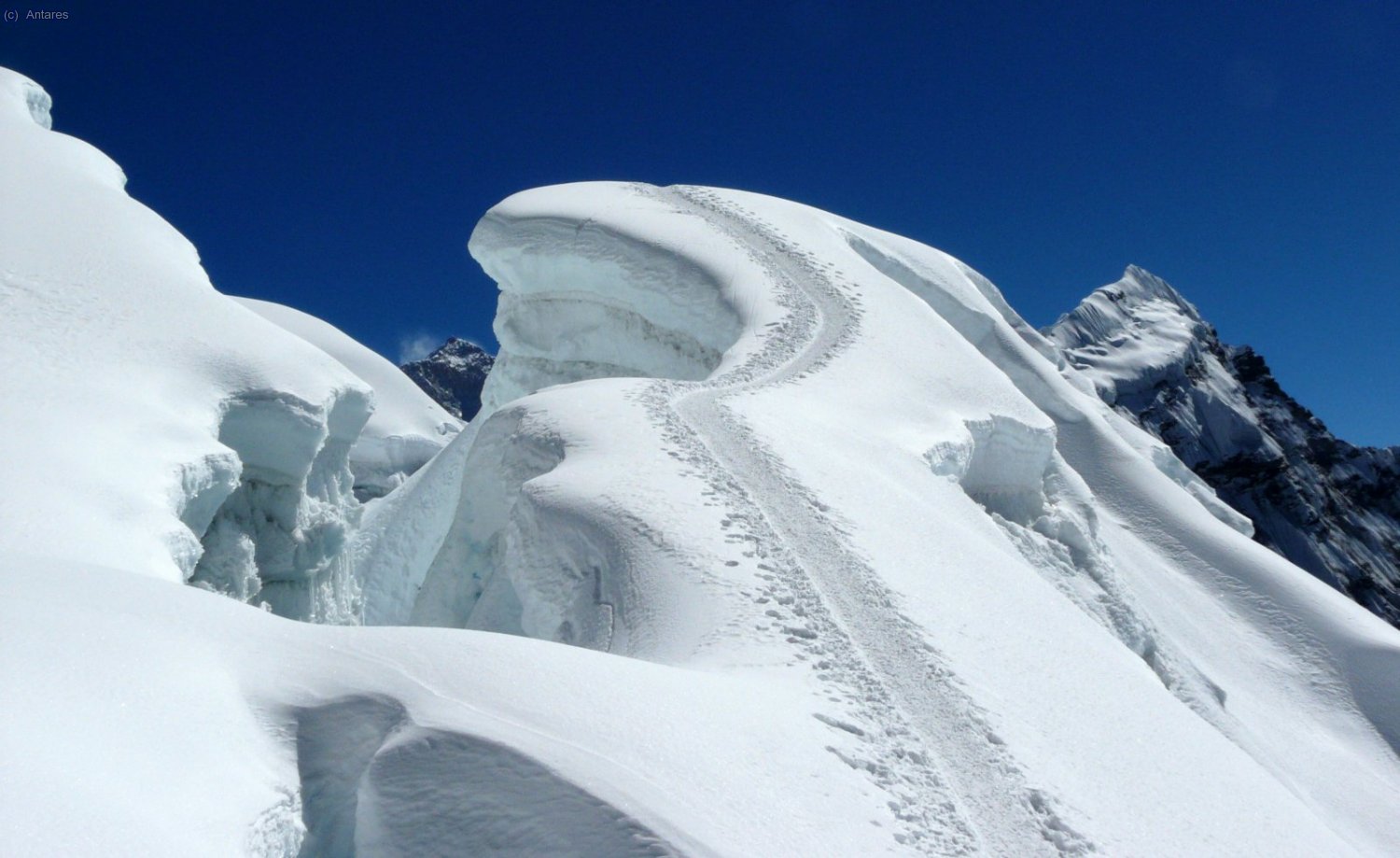 Bordeando las grietas del glaciar superior del Island Peak