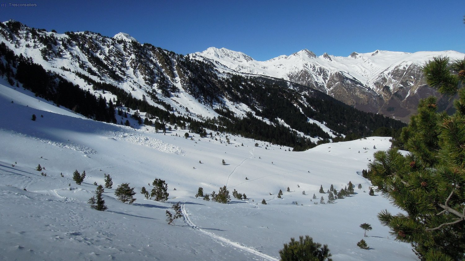 Una mirada enrera, bonica i fàcil pujada amb esquís, alguna allau ha caigut de la Pala de Sarrahèra.