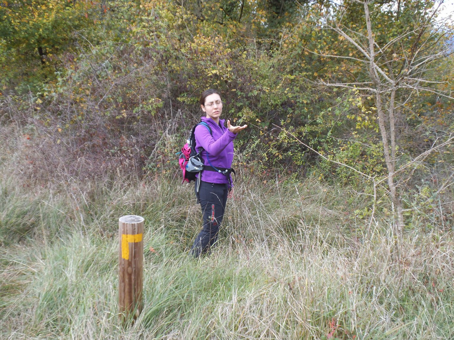 Patricia en el Collet del Castell. Seguimos de nuevo las marcas amarillas en direcci&oacute;n a la Riera de Santal&oacute;