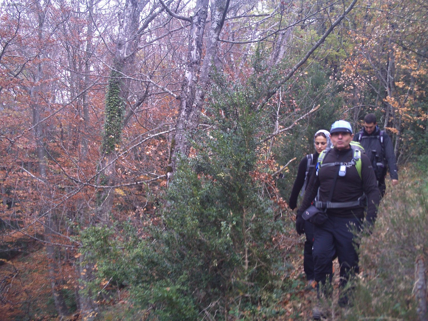 La senda se interna por el hayedo, delanter Kike y Gemma