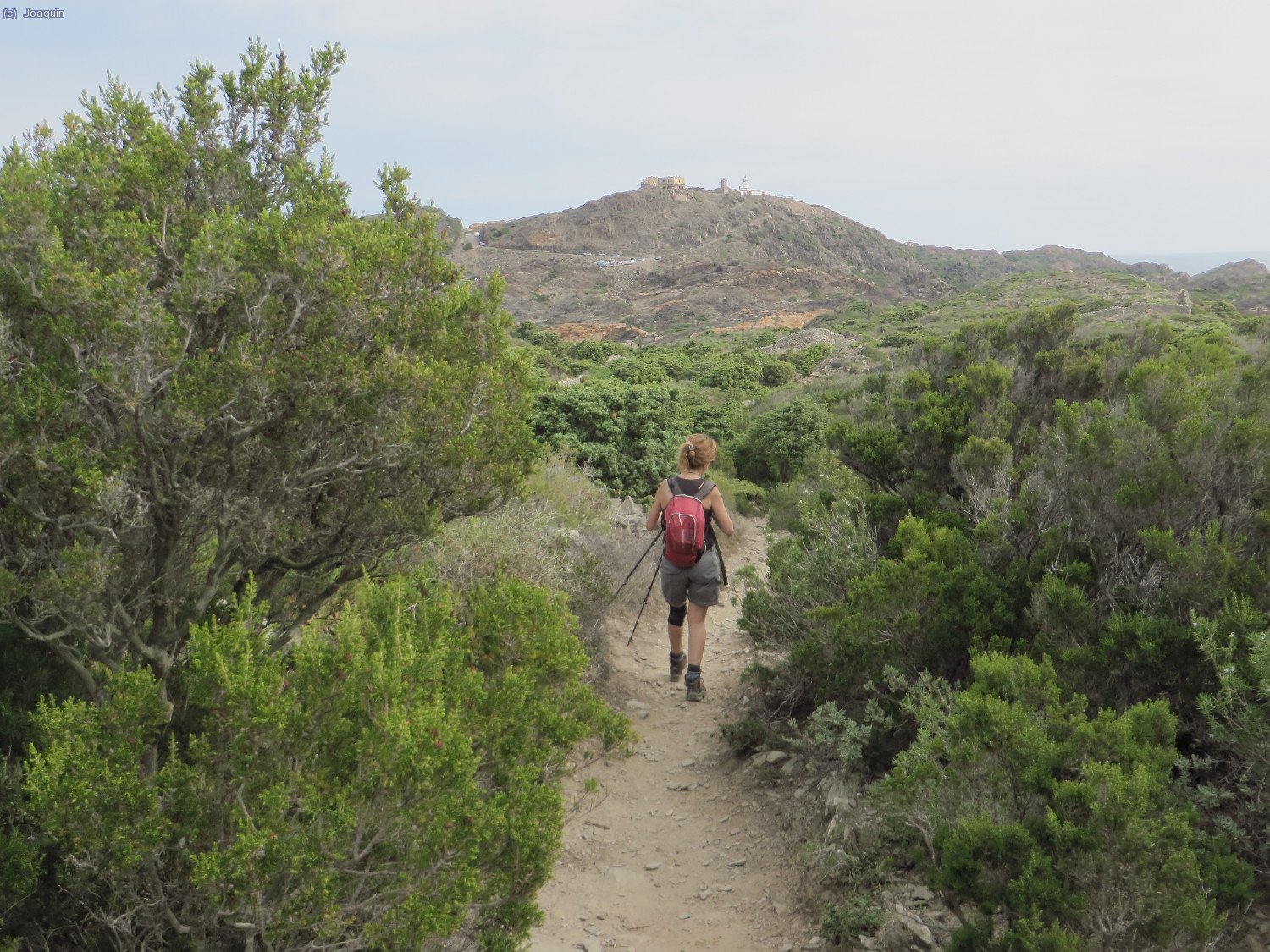 Anna en el "Cam&iacute; Vell al Cap de Creus", al fondo el Faro del Cabo de Creus